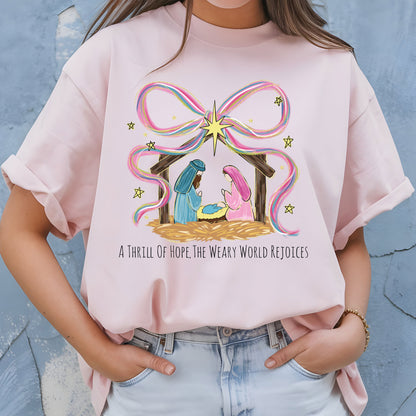 Girly Nativity Scene Christmas Shirt, Coquette Christian Christmas Sweatshirt, Jesus Birth Matthew 1:21 Sweatshirt, World Rejoices Shirt