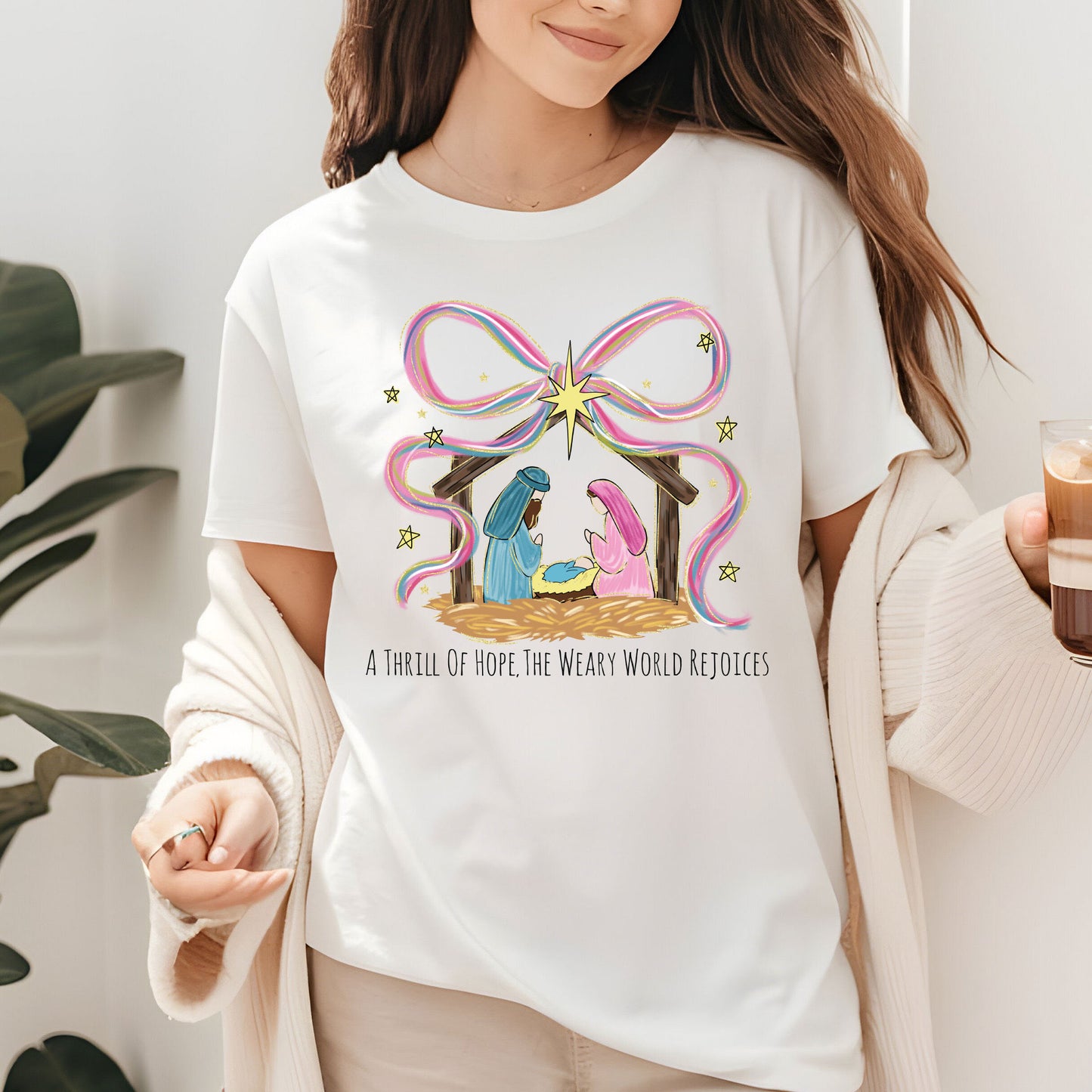 Girly Nativity Scene Christmas Shirt, Coquette Christian Christmas Sweatshirt, Jesus Birth Matthew 1:21 Sweatshirt, World Rejoices Shirt