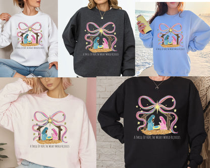 Girly Nativity Scene Christmas Shirt, Coquette Christian Christmas Sweatshirt, Jesus Birth Matthew 1:21 Sweatshirt, World Rejoices Shirt