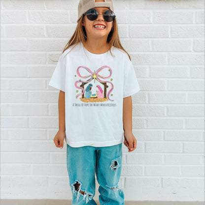 Girly Nativity Scene Christmas Shirt, Coquette Christian Christmas Sweatshirt, Jesus Birth Matthew 1:21 Sweatshirt, World Rejoices Shirt