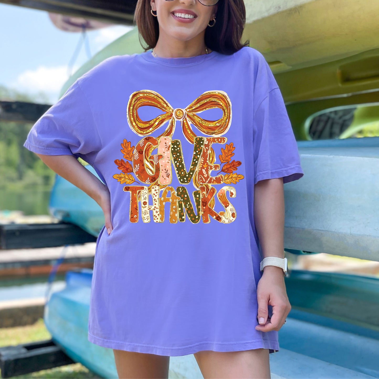 Give Thanks Bow Glitter DTF Transfer Ready to Press Holiday Heat Transfer for Shirts Festive Bow Glitter UV Sticker Print