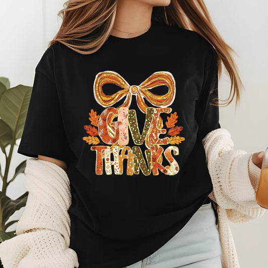 Give Thanks Bow Glitter DTF Transfer Ready to Press Holiday Heat Transfer for Shirts Festive Bow Glitter UV Sticker Print