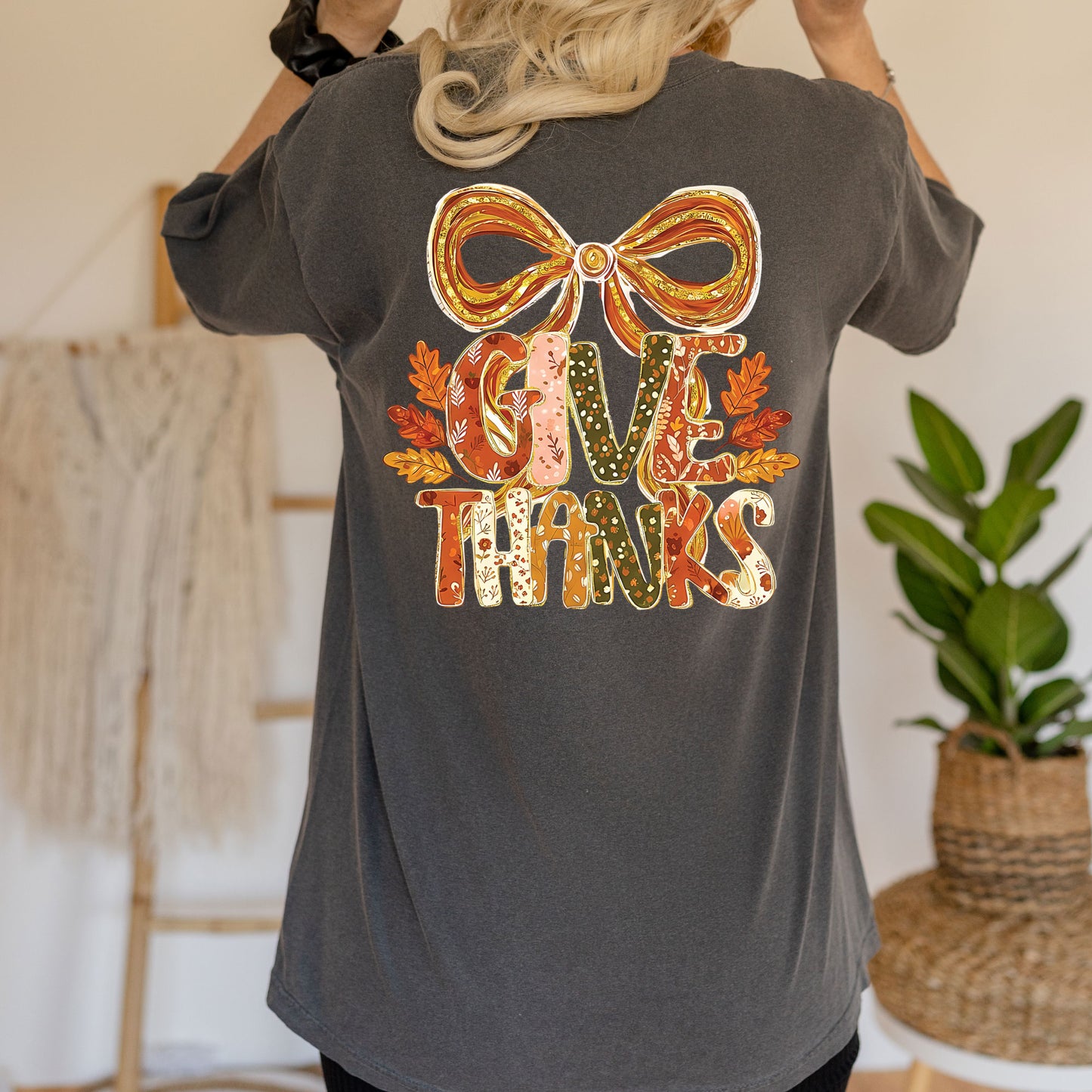 Give Thanks Bow Glitter DTF Transfer Ready to Press Holiday Heat Transfer for Shirts Festive Bow Glitter UV Sticker Print