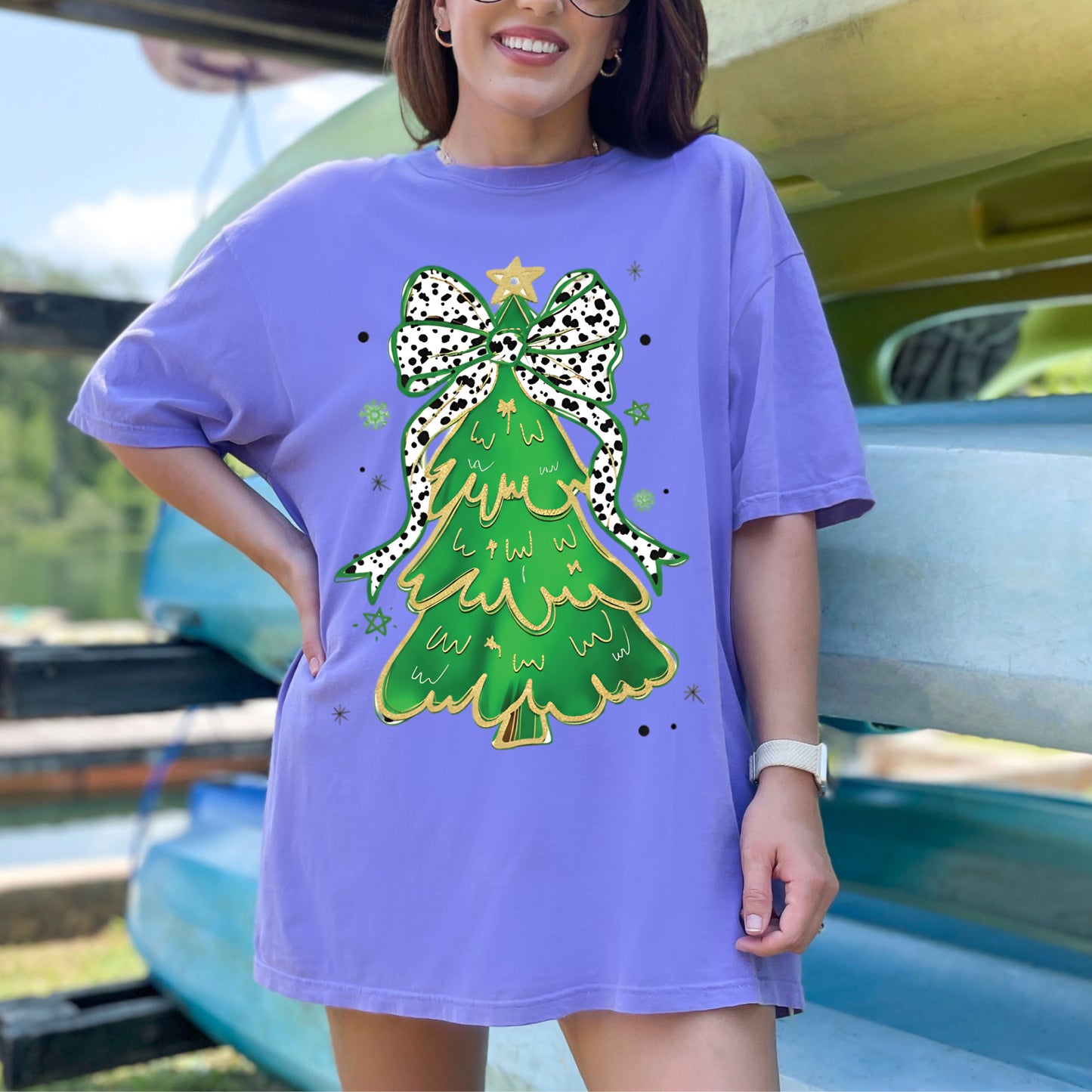 Glitter Christmas Tree DTF Transfer Ready to Press Colorful Coquette Bow Heat Transfer For Shirts X-mas Iron on Transfer