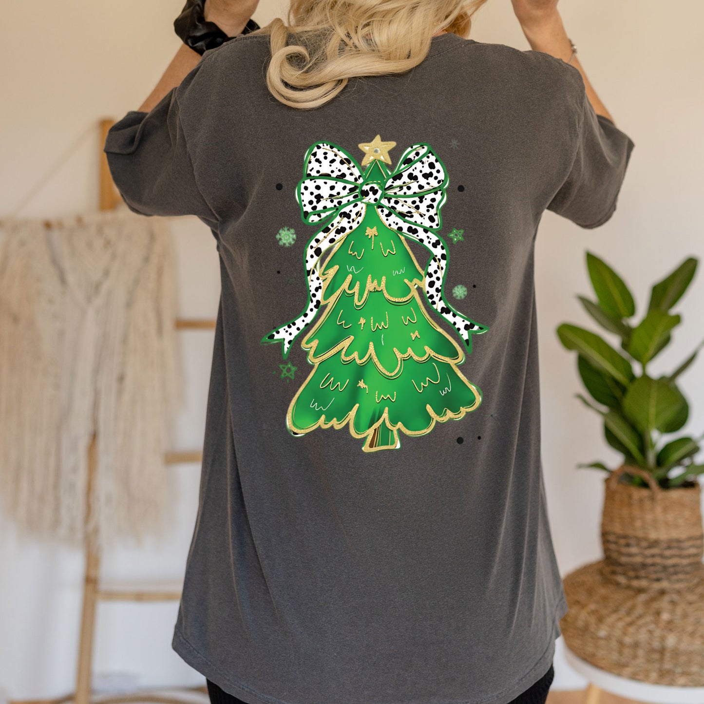 Glitter Christmas Tree DTF Transfer Ready to Press Colorful Coquette Bow Heat Transfer For Shirts X-mas Iron on Transfer