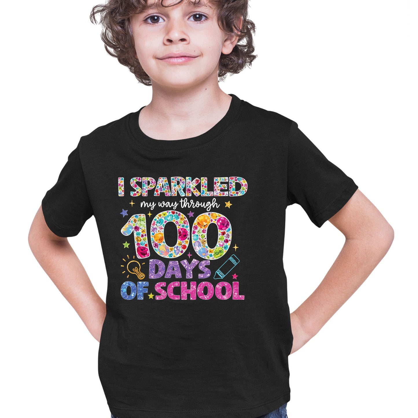 Glitter Gemstone 100 Days of School DTF Transfer, Ready to Press Heat Transfer for Shirts, Fun 100 Days of School Glitter Design, UV Sticker