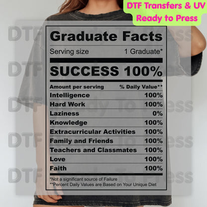 Graduate Facts Nutrition DTF Transfer Ready to Press Class of 2026 Senior Graduation Heat Transfer for Shirts School UV Sticker Prints