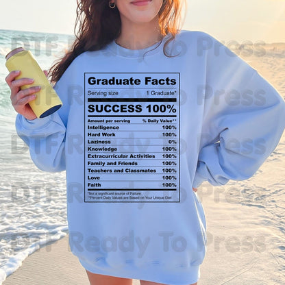 Graduate Facts Nutrition DTF Transfer Ready to Press Class of 2026 Senior Graduation Heat Transfer for Shirts School UV Sticker Prints