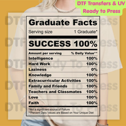 Graduate Facts Nutrition DTF Transfer Ready to Press Class of 2026 Senior Graduation Heat Transfer for Shirts School UV Sticker Prints