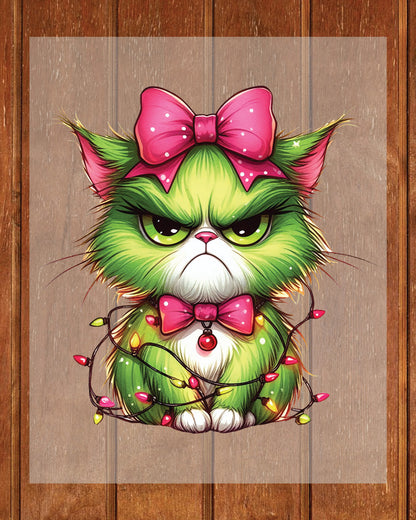 Green Angry Christmas Cat DTF Transfer ready to Press Christmas Heat Transfer Green Angry Christmas for Shirts UV Sticker