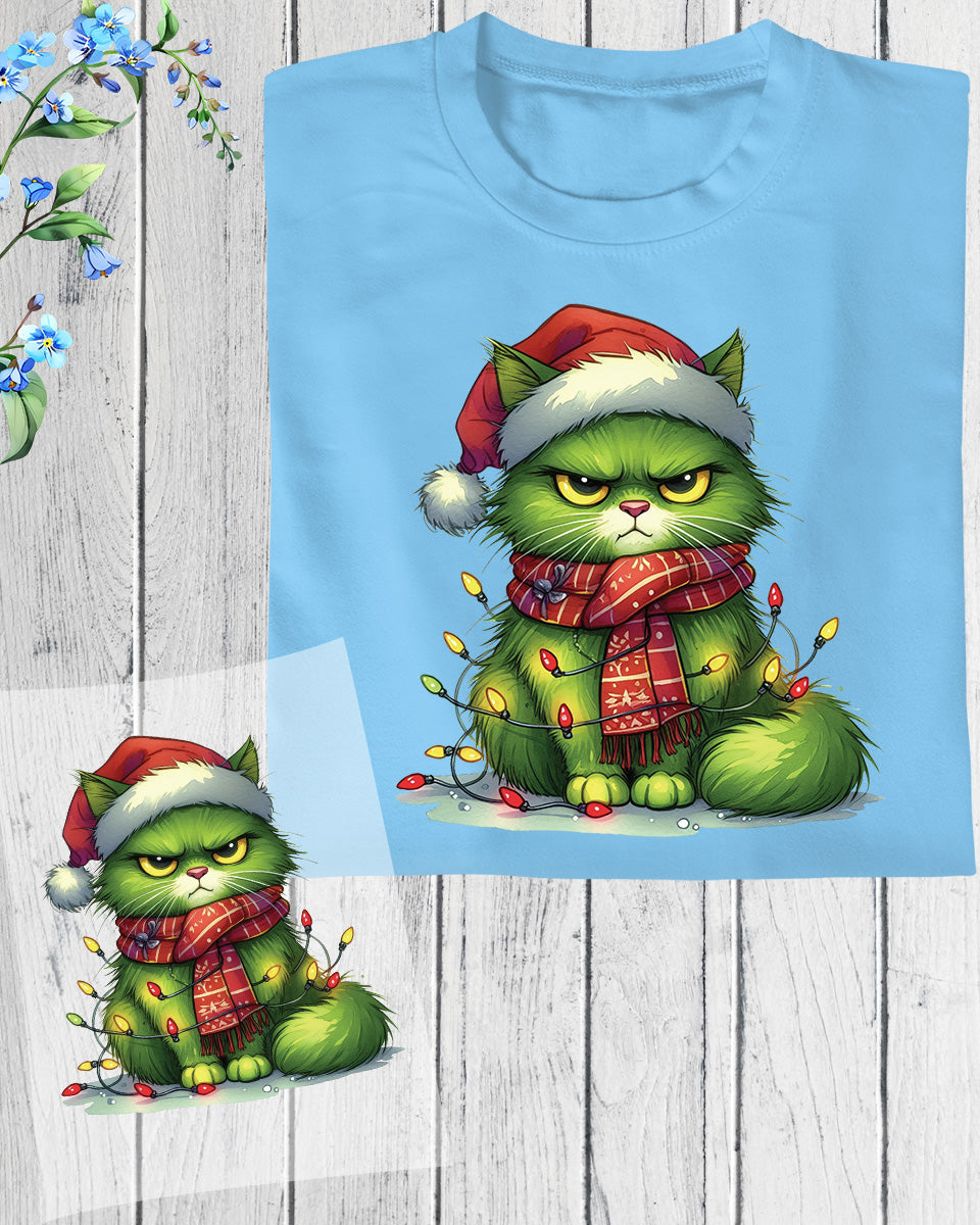 Green Angry Christmas Cat Tree DTF Transfer, Holiday Heat Press Design, Xmas Shirt Print, UV DTF Sticker, Funny Christmas Gift Idea