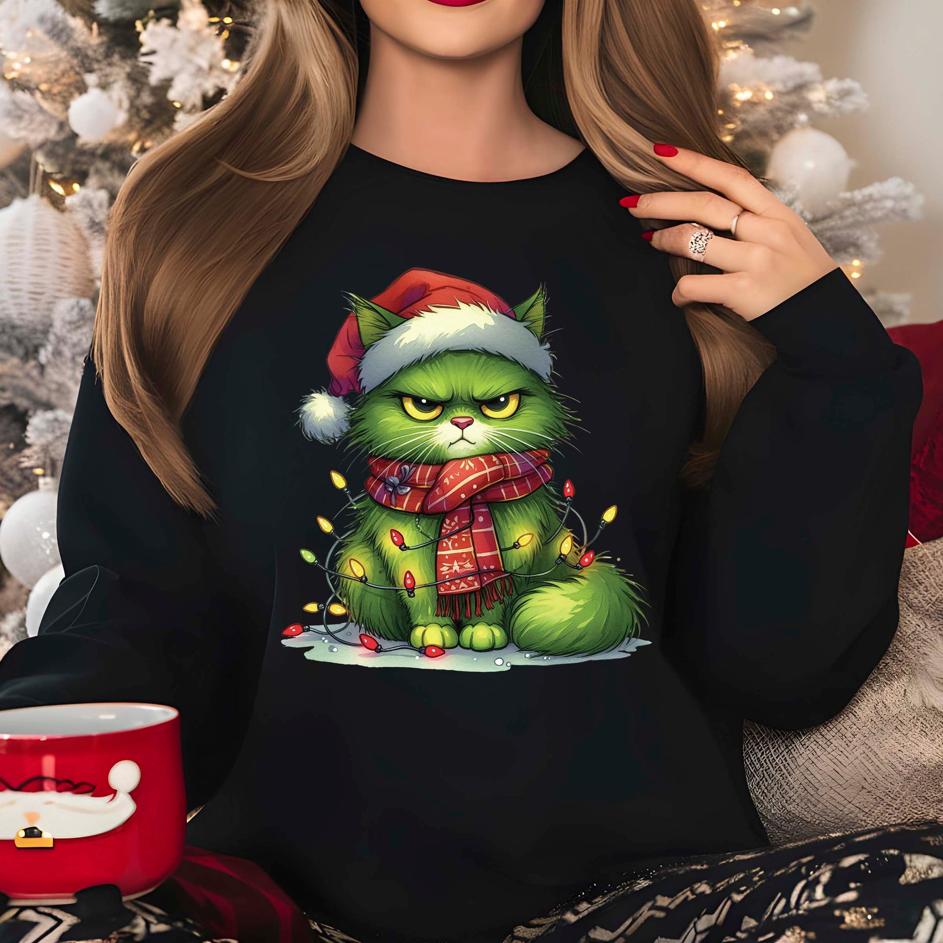 Green Angry Christmas Cat Tree DTF Transfer, Holiday Heat Press Design, Xmas Shirt Print, UV DTF Sticker, Funny Christmas Gift Idea