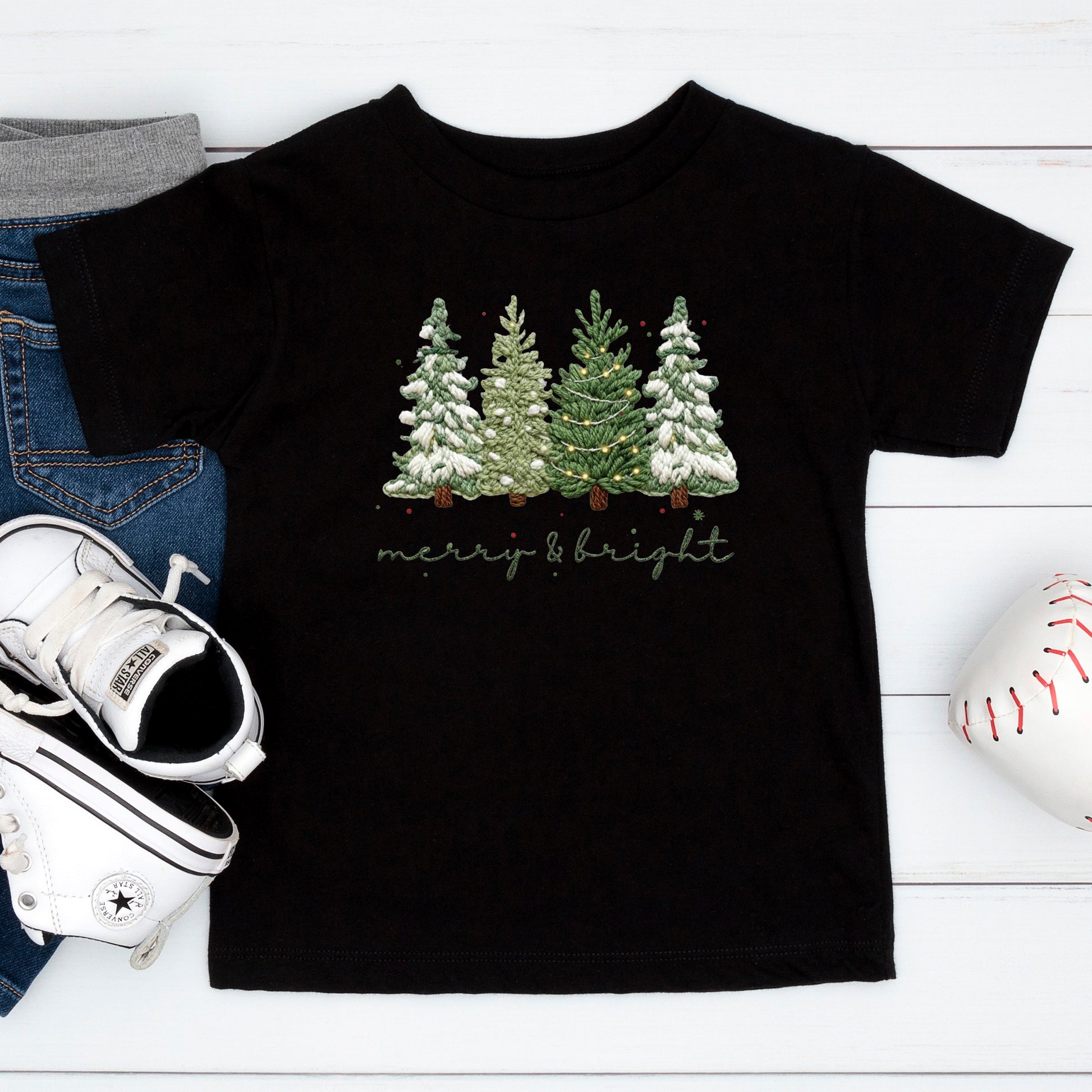 Merry and Bright Crochet Faux Yarn Christmas Sweatshirt, Christmas Trees Shirt, X-mas Tree Gift Tees
