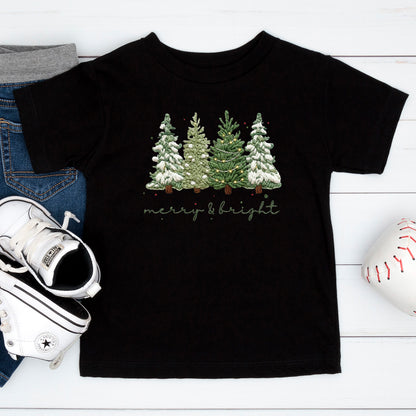 Merry and Bright Crochet Faux Yarn Christmas Sweatshirt, Christmas Trees Shirt, X-mas Tree Gift Tees