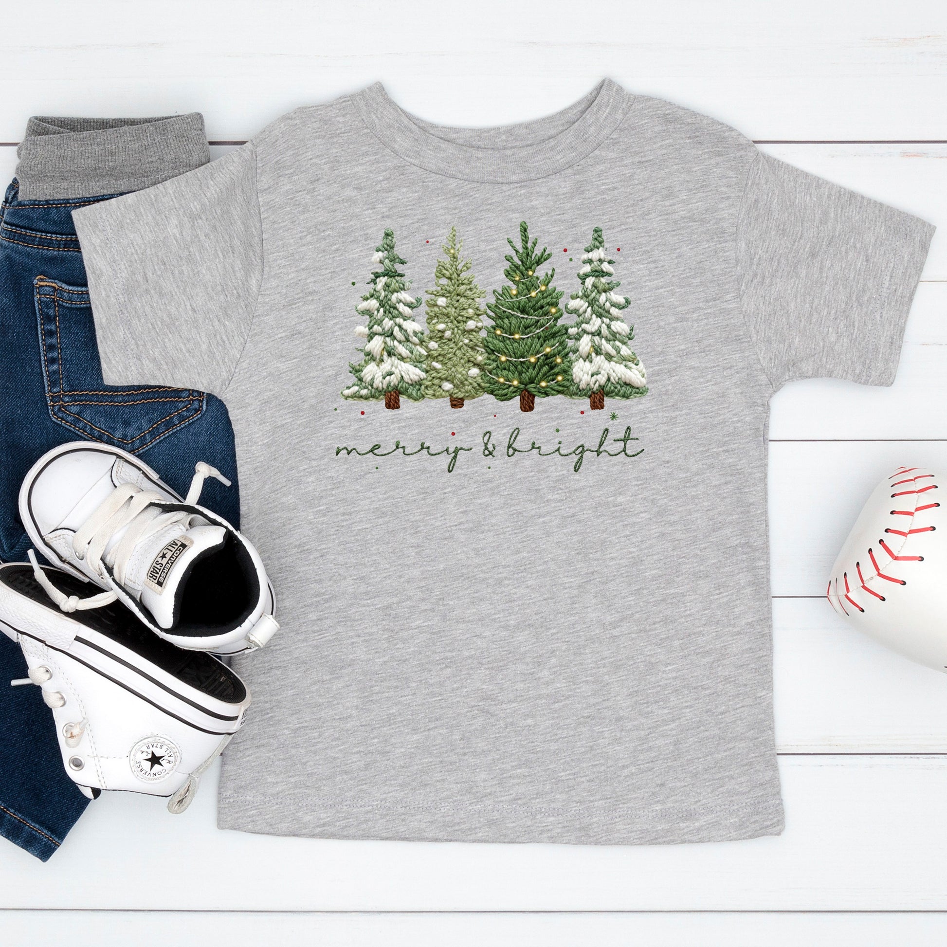 Merry and Bright Crochet Faux Yarn Christmas Sweatshirt, Christmas Trees Shirt, X-mas Tree Gift Tees
