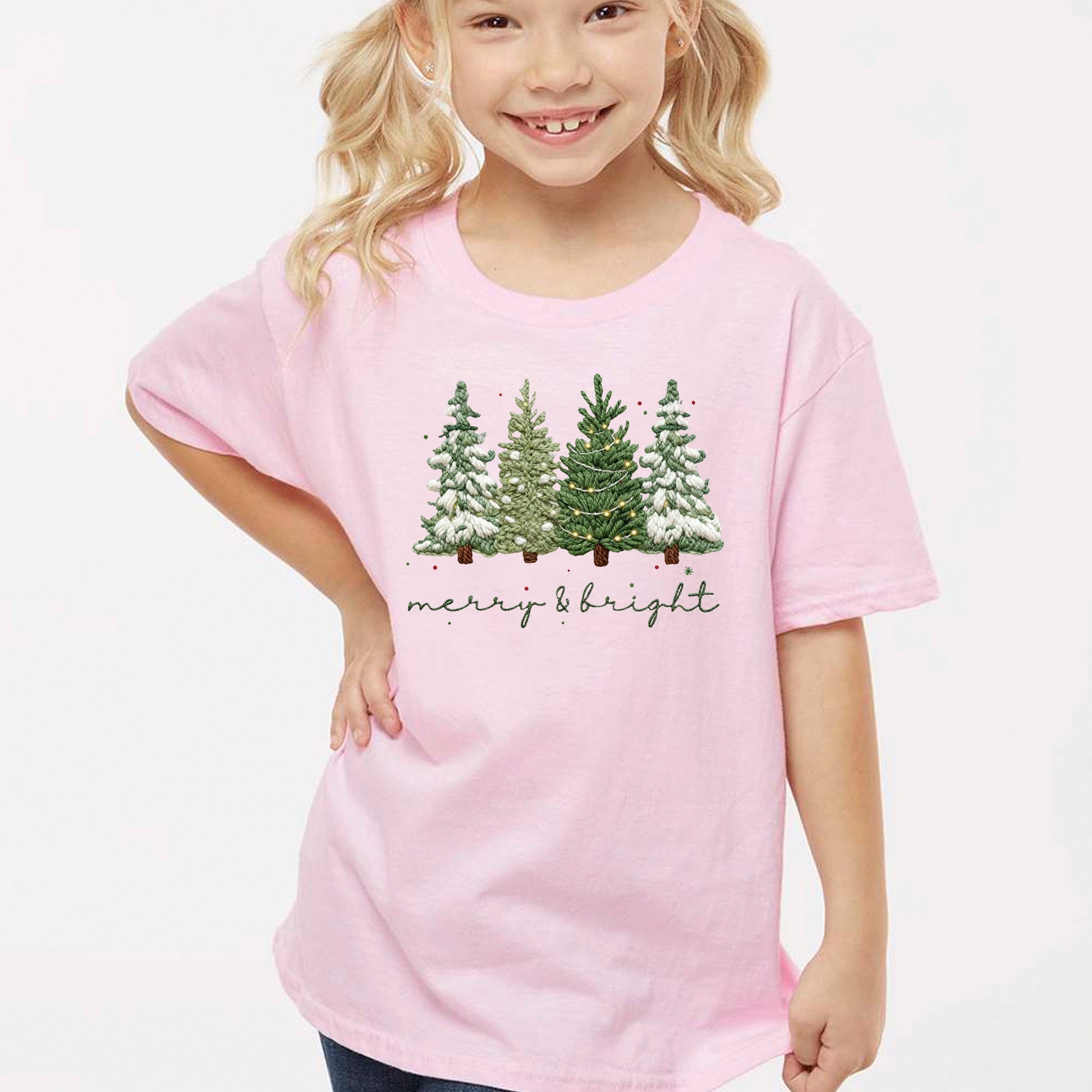 Merry and Bright Crochet Faux Yarn Christmas Sweatshirt, Christmas Trees Shirt, X-mas Tree Gift Tees