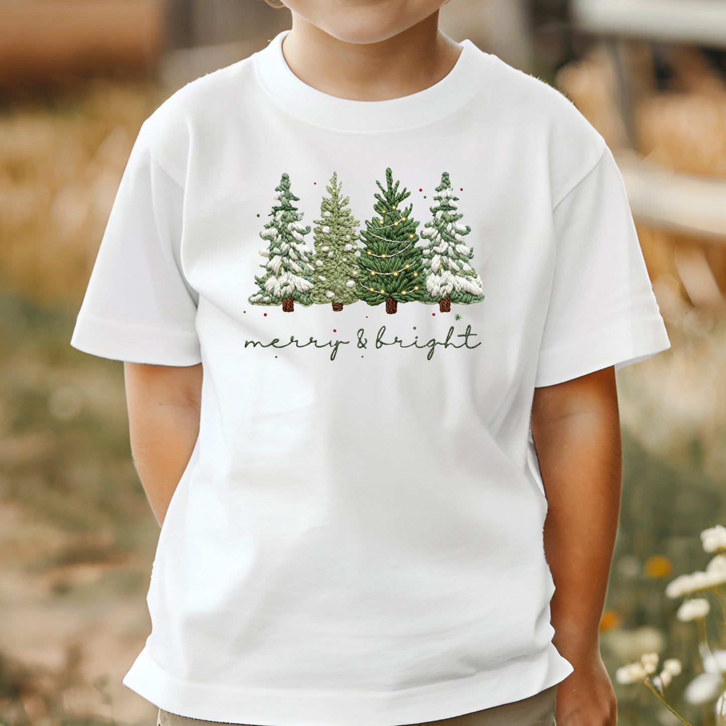 Merry and Bright Crochet Faux Yarn Christmas Sweatshirt, Christmas Trees Shirt, X-mas Tree Gift Tees