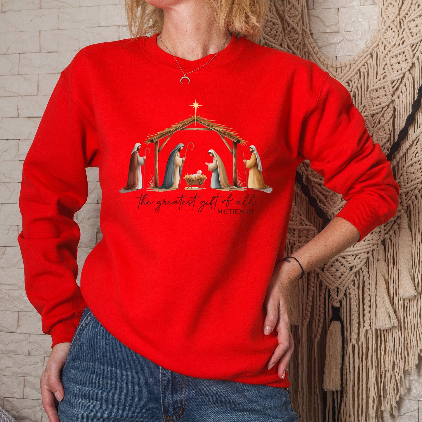 The Greatest Gift of All Sweatshirt Nativity Scene Christmas Shirt Jesus Christ Birth of Jesus Holiday Top Religious Christian Sweater