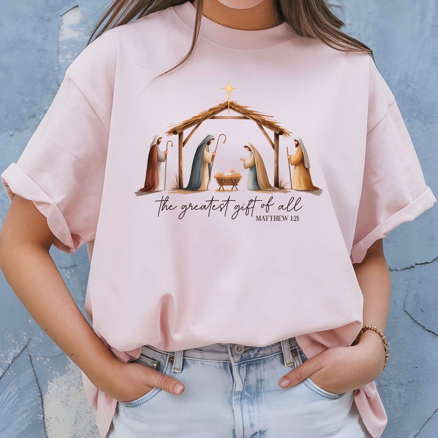 The Greatest Gift of All Sweatshirt Nativity Scene Christmas Shirt Jesus Christ Birth of Jesus Holiday Top Religious Christian Sweater