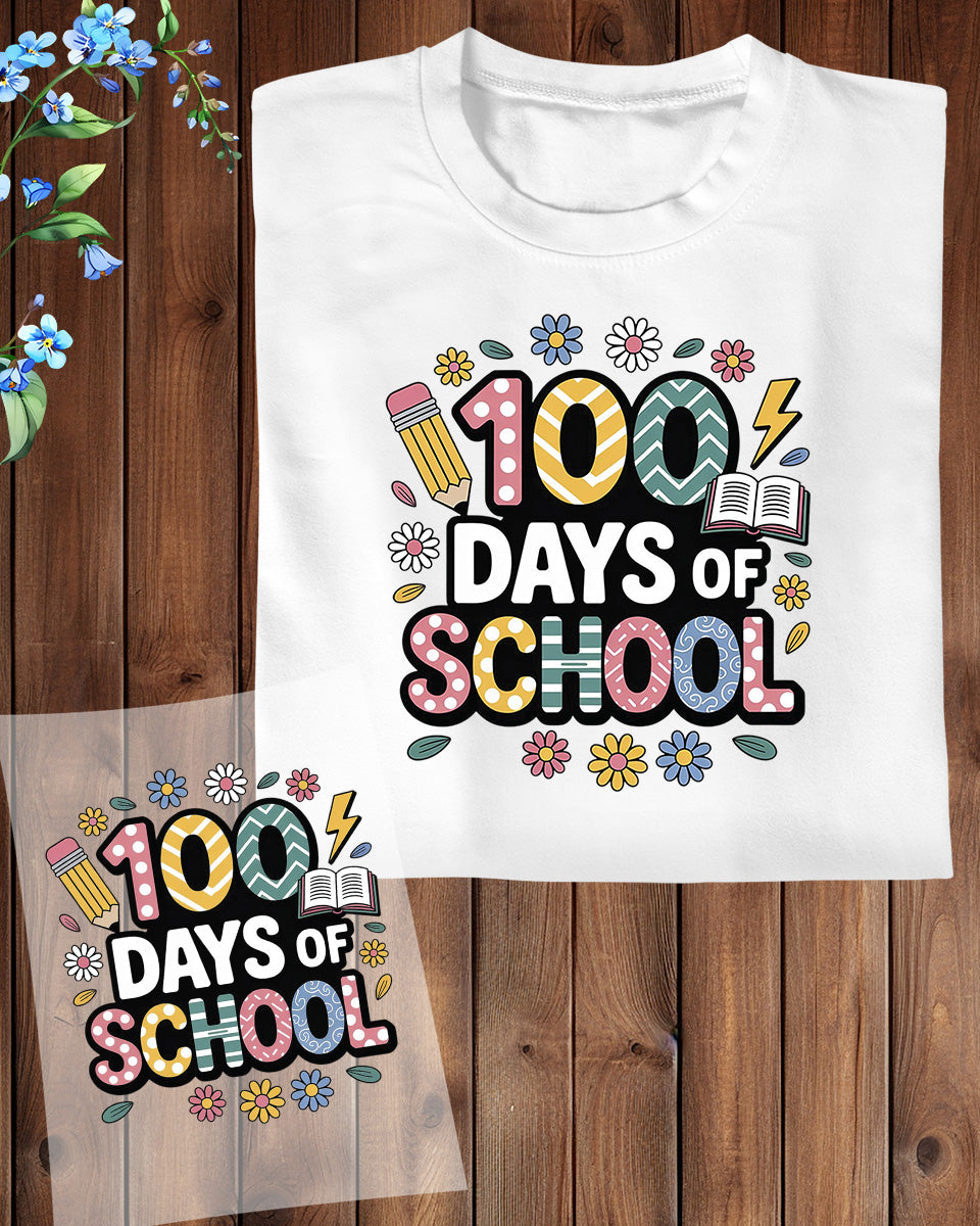 Groovy Pencil 100 Days of School DTF Transfer, Ready to Press Heat Transfer for Shirts, Fun 100 Days of School Kids Design, UV Sticker