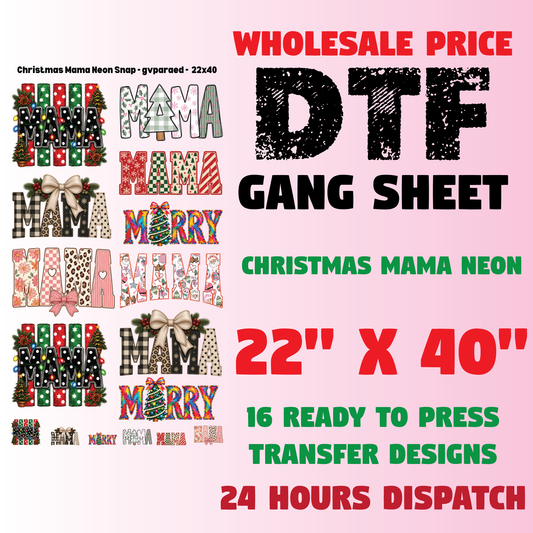 Christmas Mama Premade Gang Sheet Neon X-Mas DTF Transfer Ready to Press
