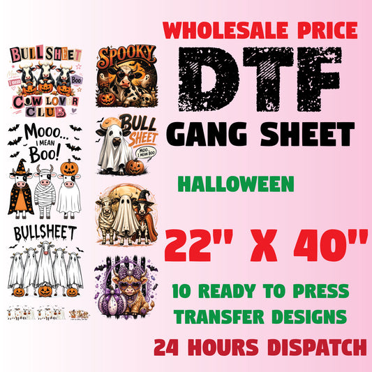 Halloween DTF Transfer Ready to Press Premade DTF Gang Sheet Spooky Ghost Cow Mooo I Mean Boo Funny Fall Heat Transfer For Shirts