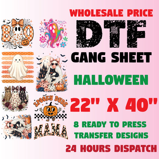 Halloween Premade Gang Sheet Ghost Pumpkin DTF Transfer ready to Press Retro Spooky Season Heat Transfer For Shirts Holiday Gifts
