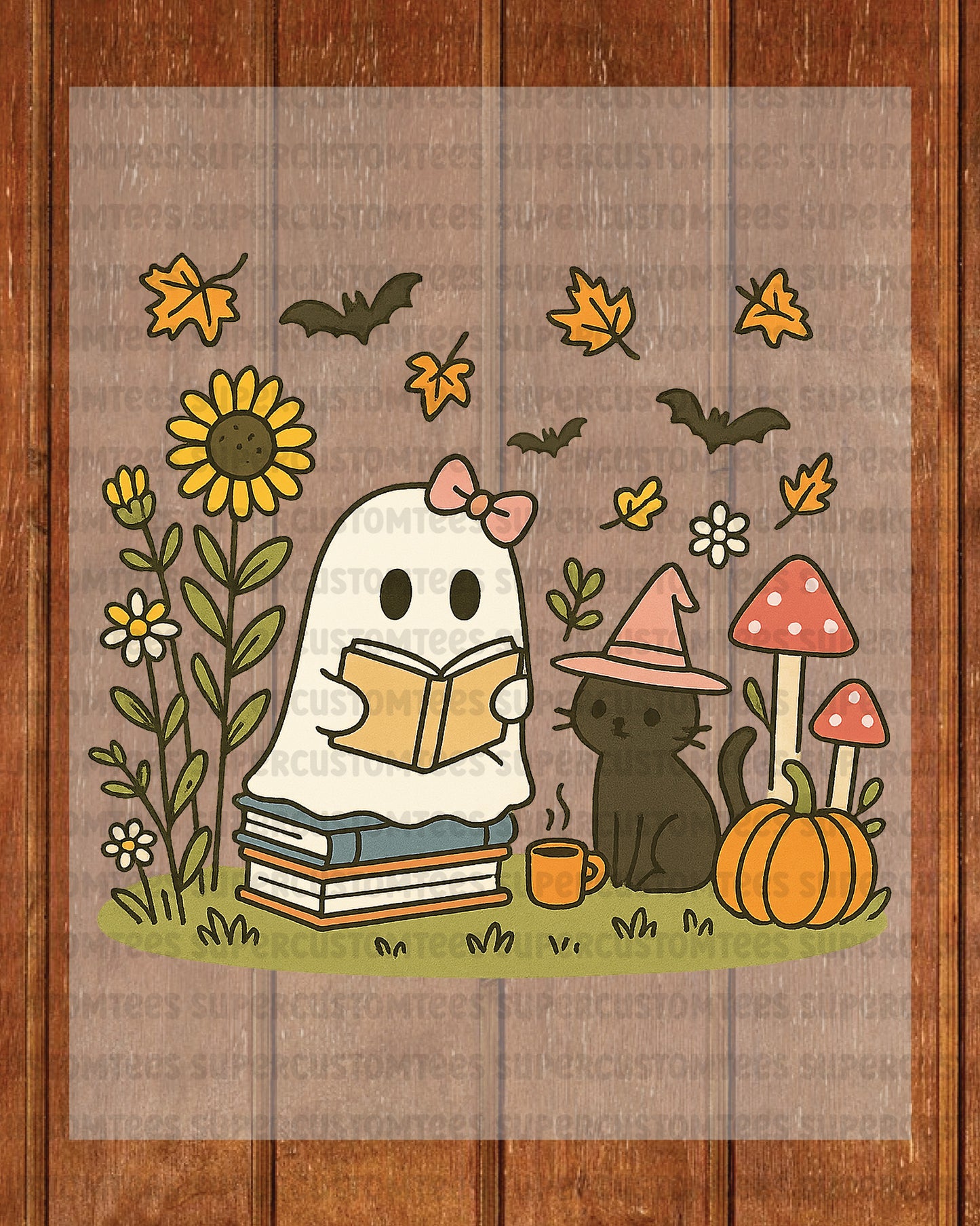 Halloween Fall Ghost Read Book Flowers Heat Transfer