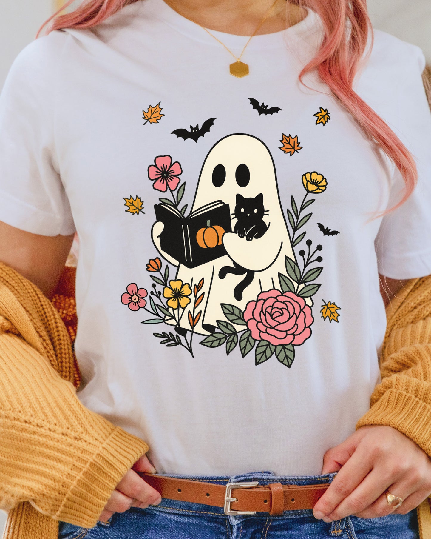 Halloween Ghost Reading Book Flowers DTF Transfer