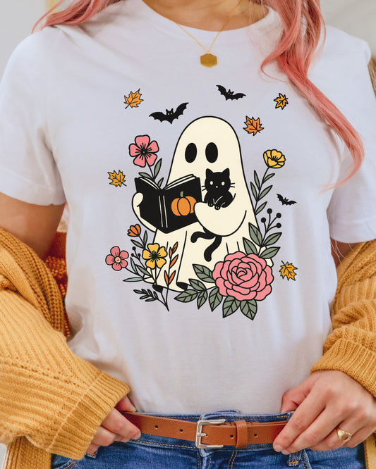 Halloween Ghost Reading Book Flowers DTF Transfer