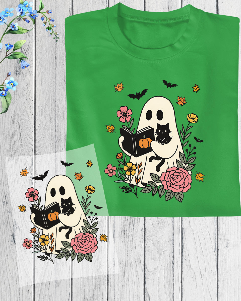Halloween Ghost Reading Book Flowers DTF Transfer