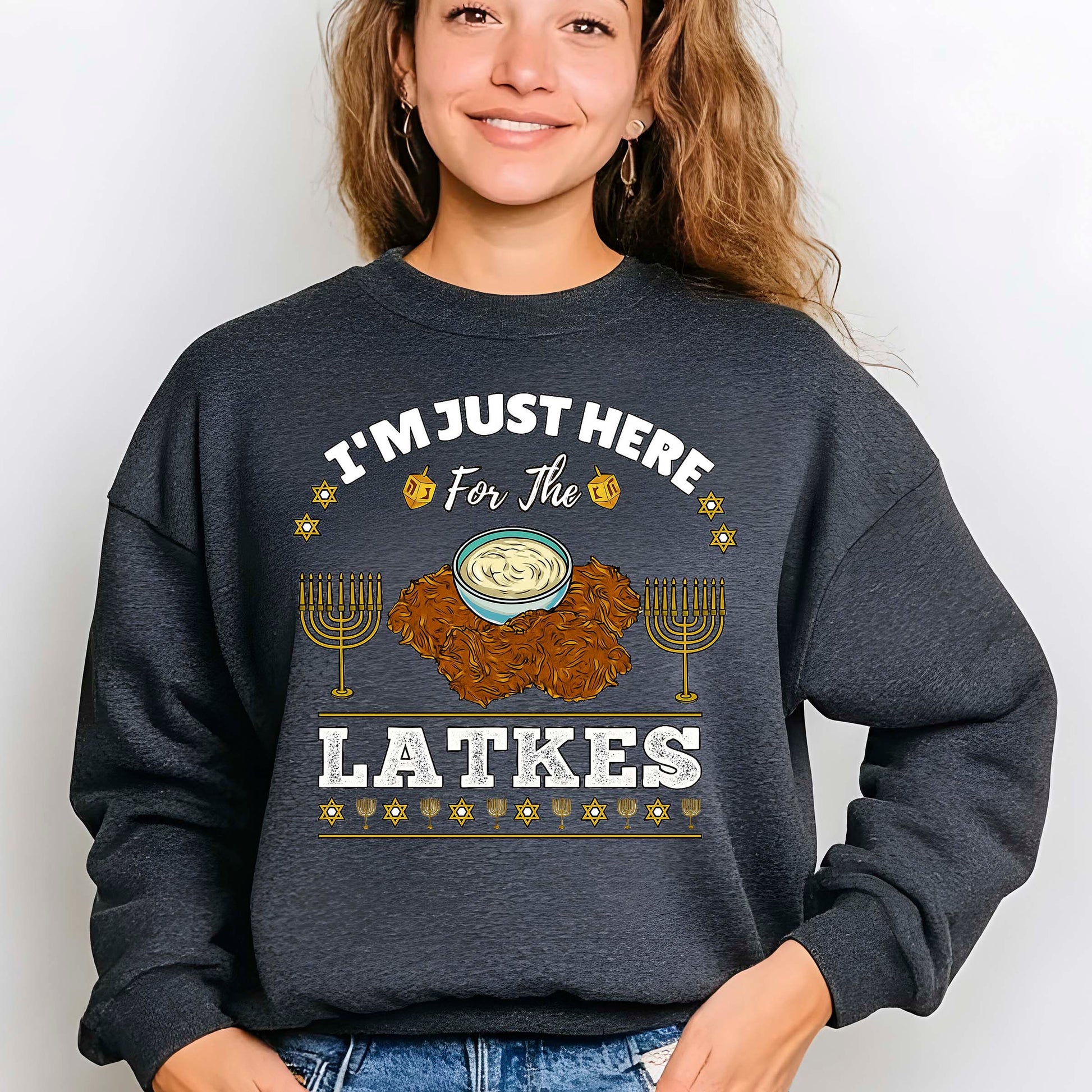 Hanukkah Latkes Sweatshirt, I am Just Here For The latkes Funny Menorah Jewish Holiday Long Sleeve T Shirts, Retro Hanukkah Festival Sweater