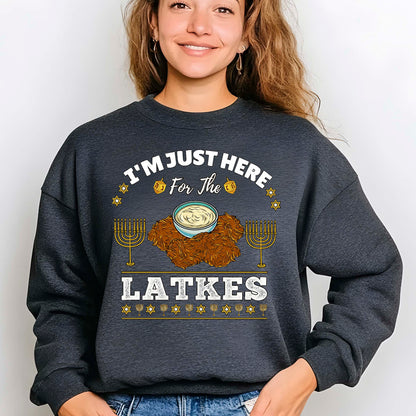 Hanukkah Latkes Sweatshirt, I am Just Here For The latkes Funny Menorah Jewish Holiday Long Sleeve T Shirts, Retro Hanukkah Festival Sweater