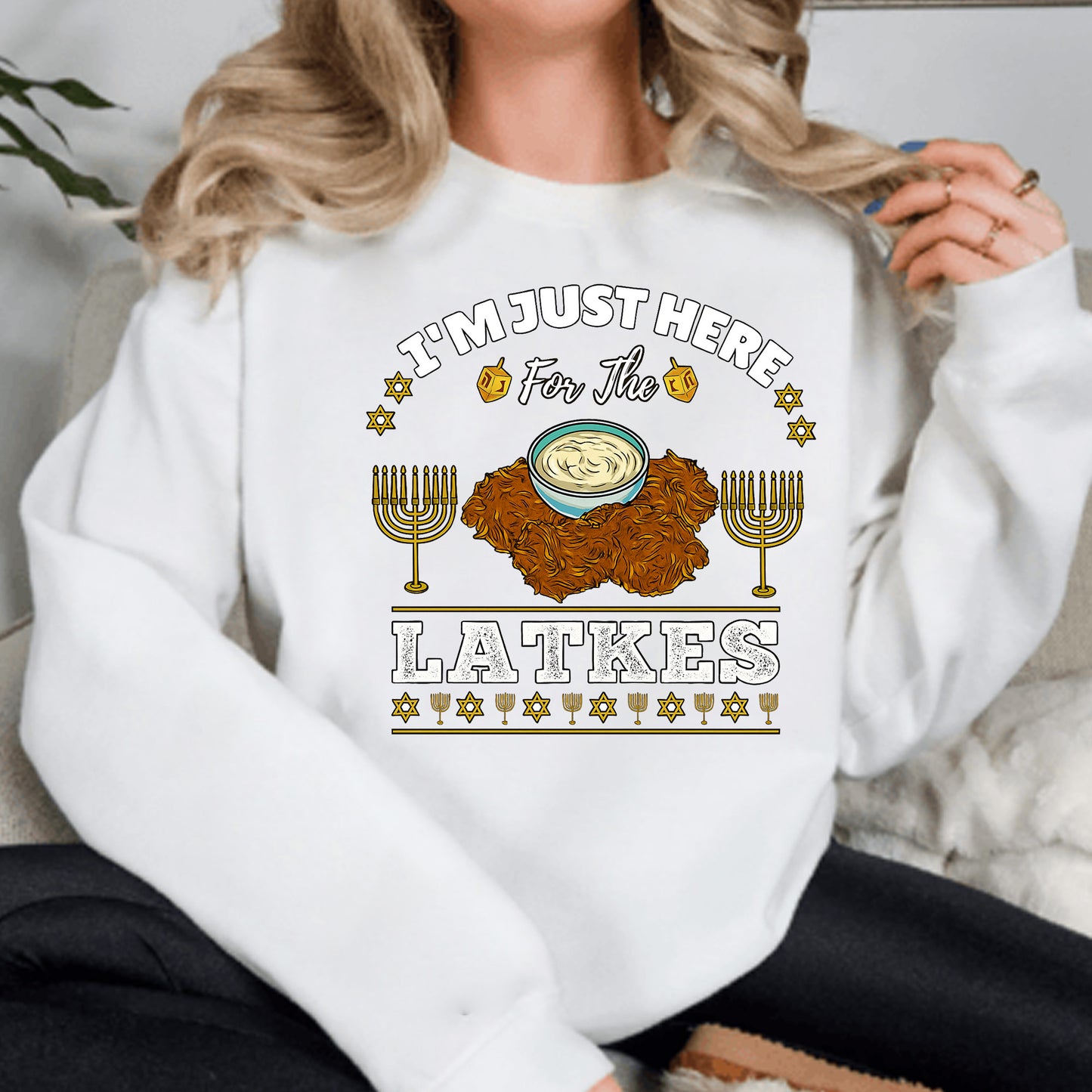 Hanukkah Latkes Sweatshirt, I am Just Here For The latkes Funny Menorah Jewish Holiday Long Sleeve T Shirts, Retro Hanukkah Festival Sweater