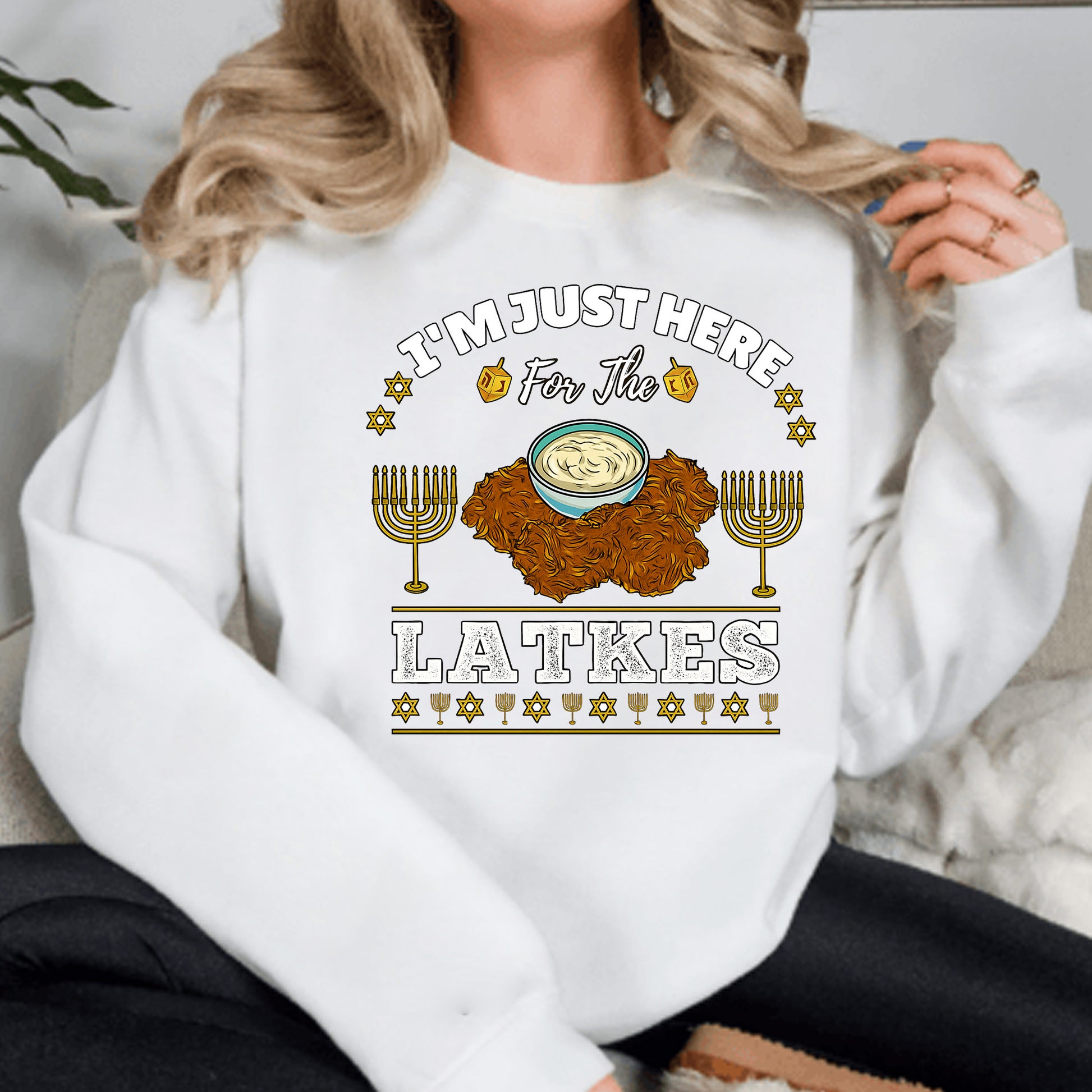Hanukkah Latkes Sweatshirt, I am Just Here For The latkes Funny Menorah Jewish Holiday Long Sleeve T Shirts, Retro Hanukkah Festival Sweater