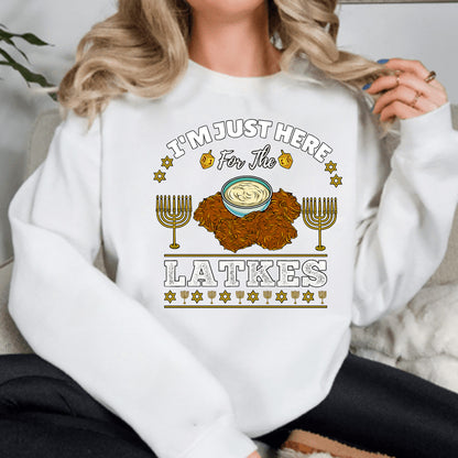 Hanukkah Latkes Sweatshirt, I am Just Here For The latkes Funny Menorah Jewish Holiday Long Sleeve T Shirts, Retro Hanukkah Festival Sweater
