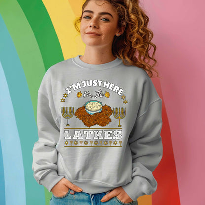 Hanukkah Latkes Sweatshirt, I am Just Here For The latkes Funny Menorah Jewish Holiday Long Sleeve T Shirts, Retro Hanukkah Festival Sweater
