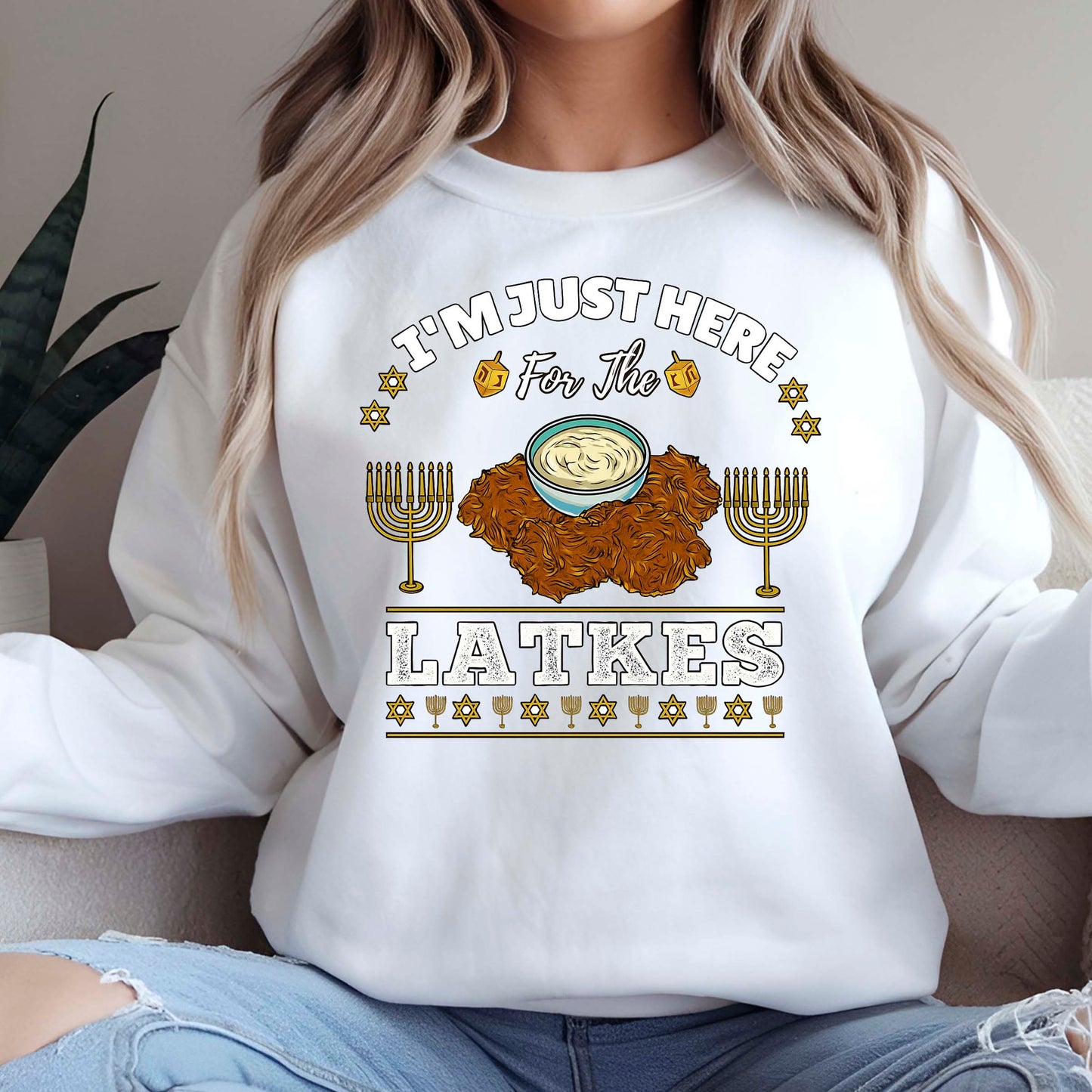 Hanukkah Latkes Sweatshirt, I am Just Here For The latkes Funny Menorah Jewish Holiday Long Sleeve T Shirts, Retro Hanukkah Festival Sweater