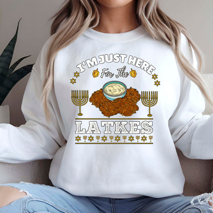 Hanukkah Latkes Sweatshirt, I am Just Here For The latkes Funny Menorah Jewish Holiday Long Sleeve T Shirts, Retro Hanukkah Festival Sweater