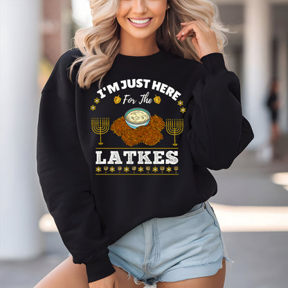 Hanukkah Latkes Sweatshirt, I am Just Here For The latkes Funny Menorah Jewish Holiday Long Sleeve T Shirts, Retro Hanukkah Festival Sweater