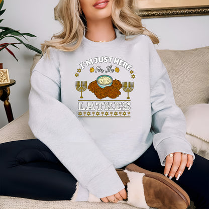 Hanukkah Latkes Sweatshirt, I am Just Here For The latkes Funny Menorah Jewish Holiday Long Sleeve T Shirts, Retro Hanukkah Festival Sweater