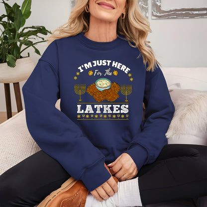 Hanukkah Latkes Sweatshirt, I am Just Here For The latkes Funny Menorah Jewish Holiday Long Sleeve T Shirts, Retro Hanukkah Festival Sweater