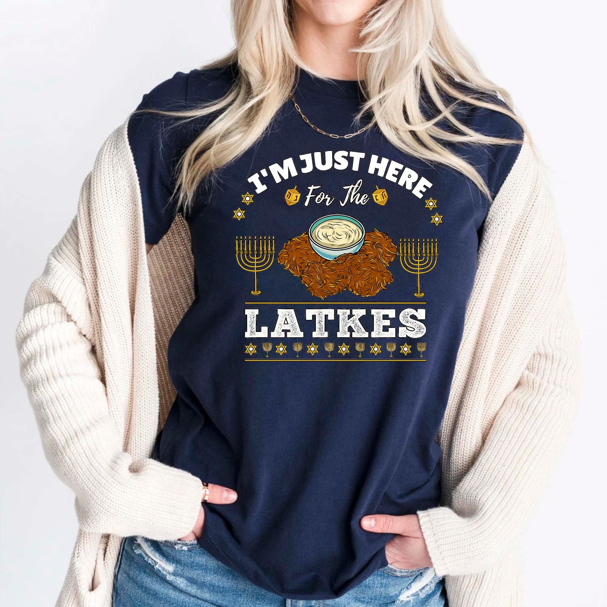 Hanukkah Latkes Sweatshirt, I am Just Here For The latkes Funny Menorah Jewish Holiday Long Sleeve T Shirts, Retro Hanukkah Festival Sweater