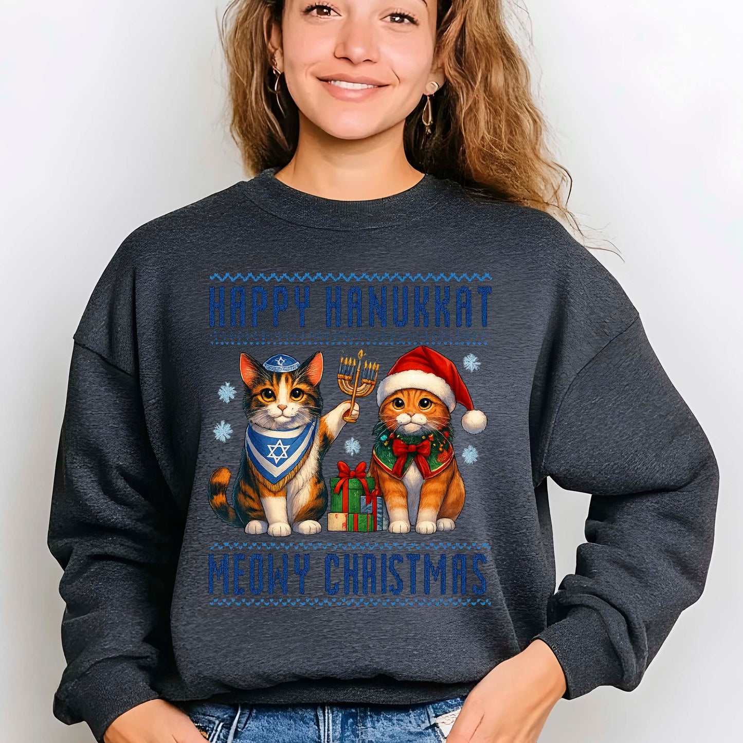 Happy Hanukkah Meowy Christmas Sweatshirt, Funny Menorah Jewish Holiday Long Sleeve T Shirts, Retro Hanukkah Festival Sweater Gifts