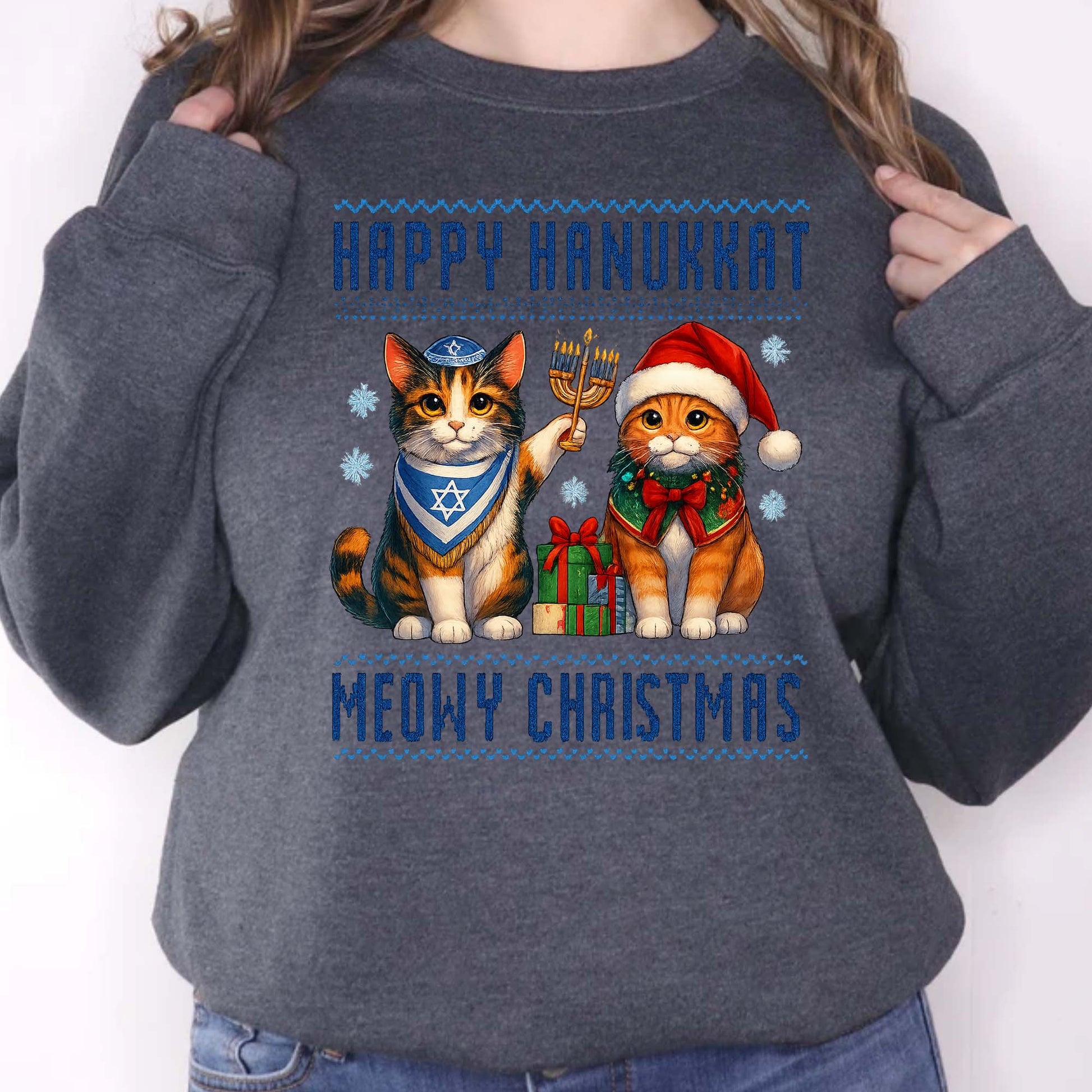 Happy Hanukkah Meowy Christmas Sweatshirt, Funny Menorah Jewish Holiday Long Sleeve T Shirts, Retro Hanukkah Festival Sweater Gifts