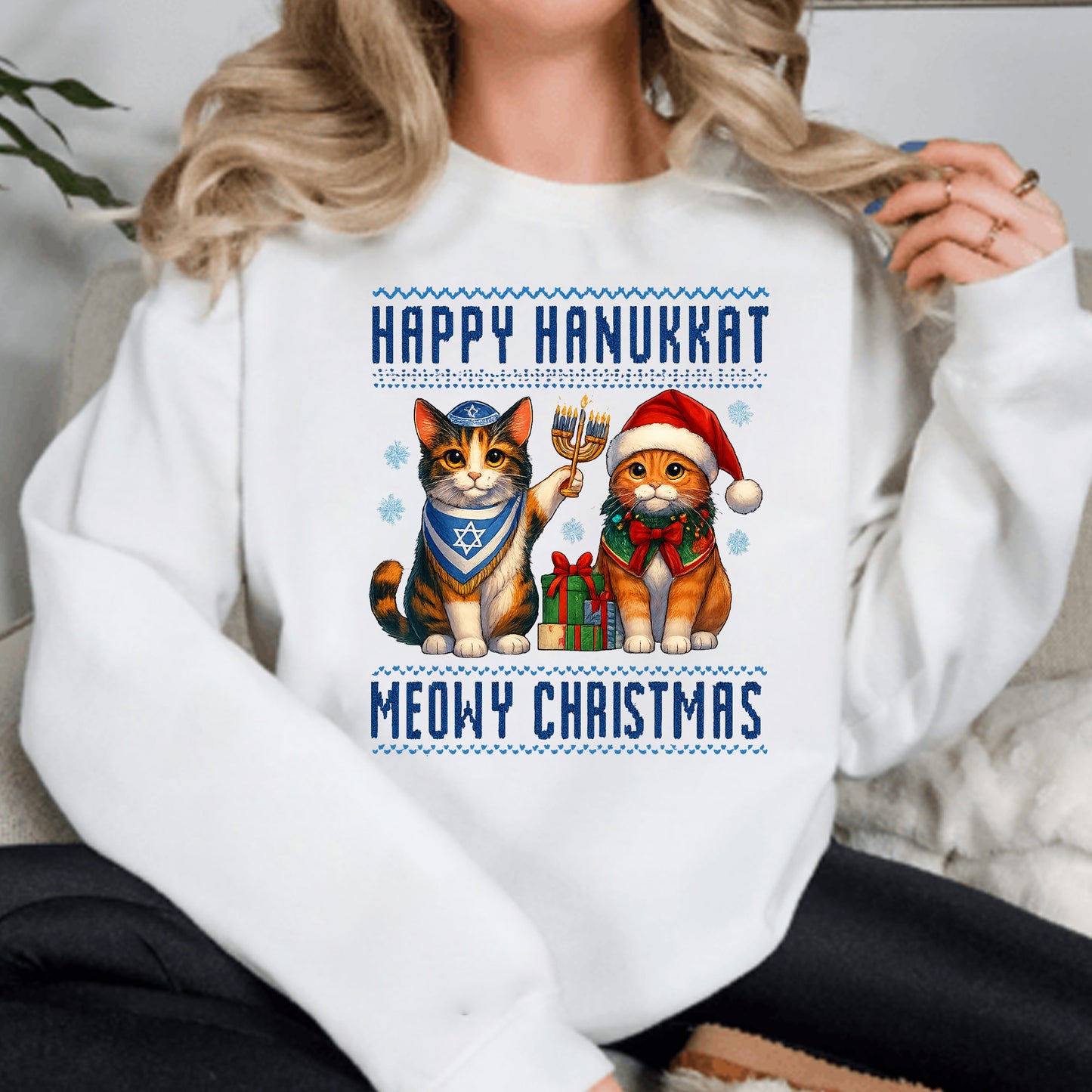 Happy Hanukkah Meowy Christmas Sweatshirt, Funny Menorah Jewish Holiday Long Sleeve T Shirts, Retro Hanukkah Festival Sweater Gifts