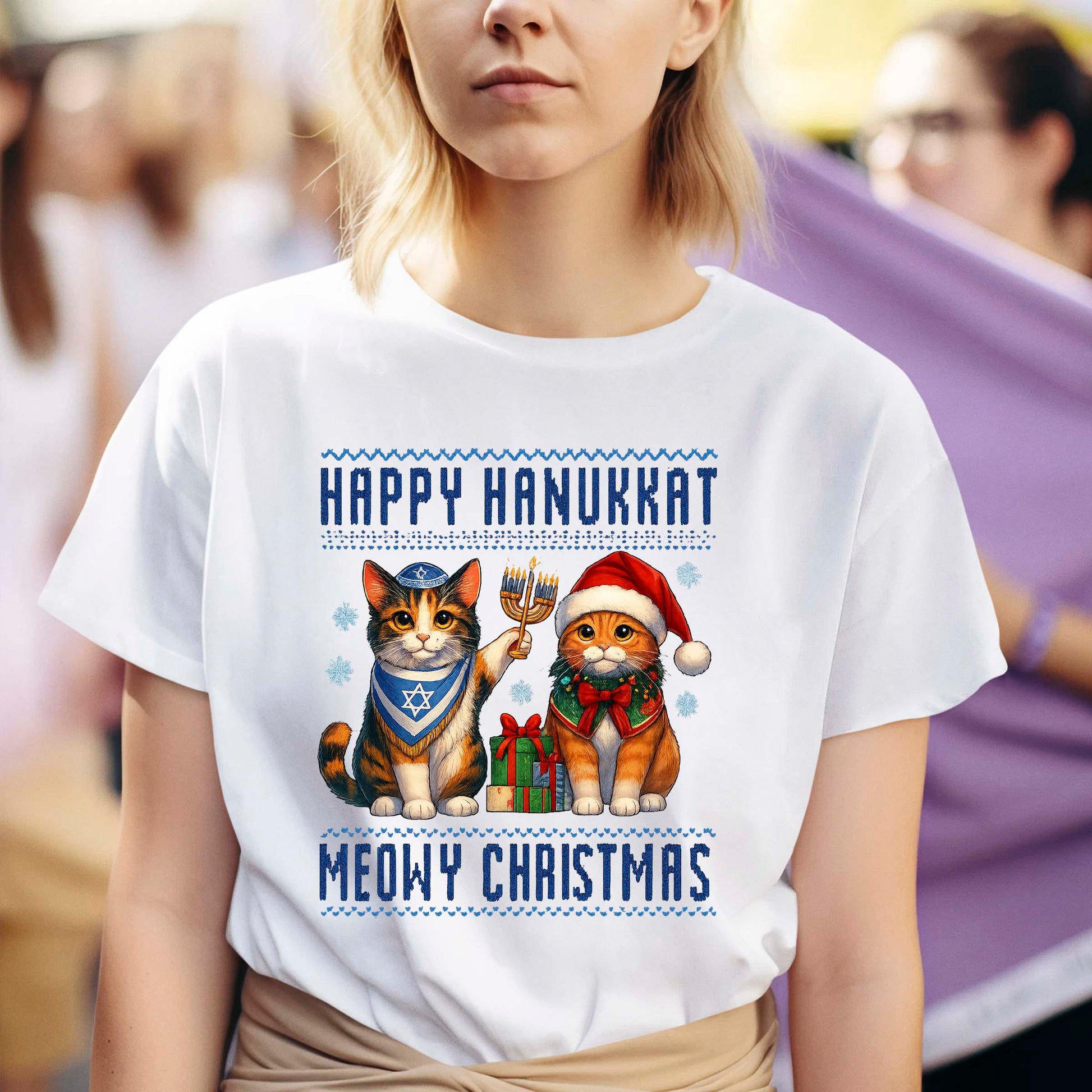 Happy Hanukkah Meowy Christmas Sweatshirt, Funny Menorah Jewish Holiday Long Sleeve T Shirts, Retro Hanukkah Festival Sweater Gifts