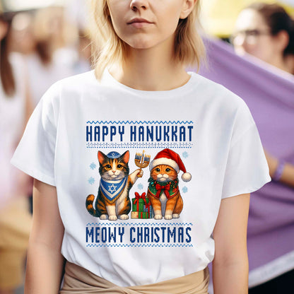 Happy Hanukkah Meowy Christmas Sweatshirt, Funny Menorah Jewish Holiday Long Sleeve T Shirts, Retro Hanukkah Festival Sweater Gifts