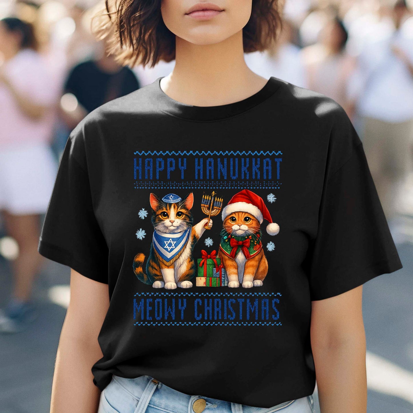 Happy Hanukkah Meowy Christmas Sweatshirt, Funny Menorah Jewish Holiday Long Sleeve T Shirts, Retro Hanukkah Festival Sweater Gifts