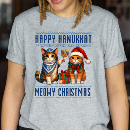 Happy Hanukkah Meowy Christmas Sweatshirt, Funny Menorah Jewish Holiday Long Sleeve T Shirts, Retro Hanukkah Festival Sweater Gifts